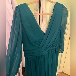 DKNY long (floor length) dark teal/green dress with sheer sleeves.